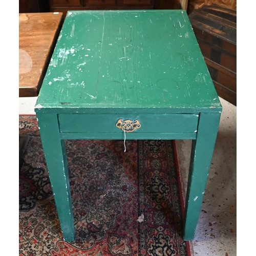 225 - A rustic old green painted pine table, drawer to one end