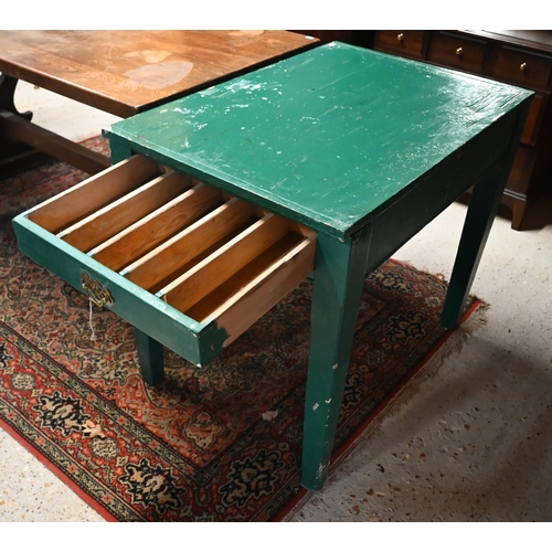 225 - A rustic old green painted pine table, drawer to one end