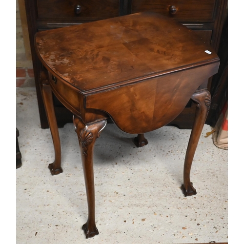 231 - A Georgian style walnut drop leaf side table, drawer to one end raised shell moulded cabriole legs