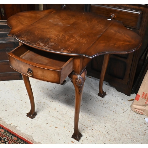 231 - A Georgian style walnut drop leaf side table, drawer to one end raised shell moulded cabriole legs