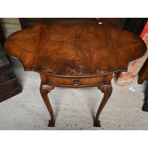 231 - A Georgian style walnut drop leaf side table, drawer to one end raised shell moulded cabriole legs