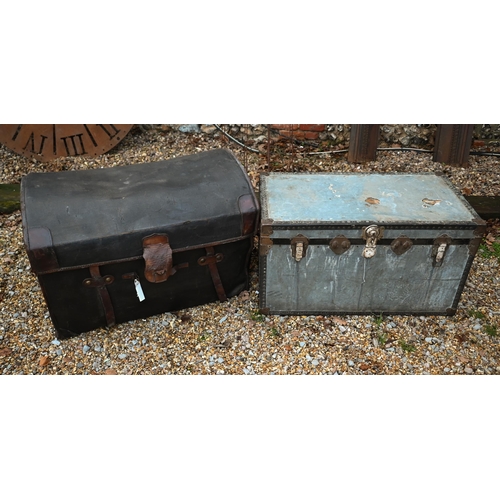 242 - A vintage dome top motoring style trunk in 'tarred' protective sleeve with leather straps, 57 cm l x... 