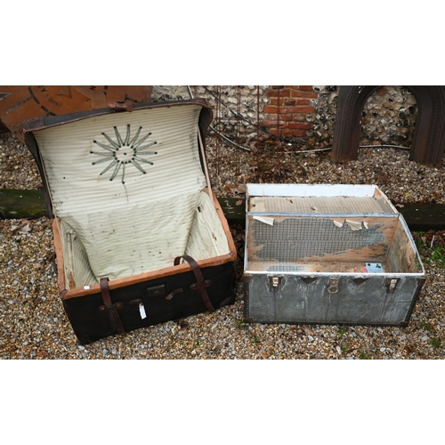 242 - A vintage dome top motoring style trunk in 'tarred' protective sleeve with leather straps, 57 cm l x... 