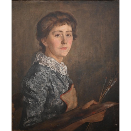 19th century English school - Portrait of a young woman artist with palette and brushes, oil on canvas, 60 x 50 cm, verso mentions Harold Trew, ex lot 13 March 2013 Woolley & Wallis