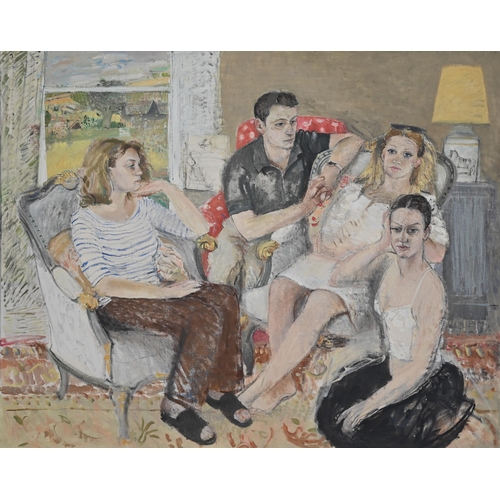 251 - 20th century English school - A large oil on canvas of a family group, unframed, 121 x 152 cm 