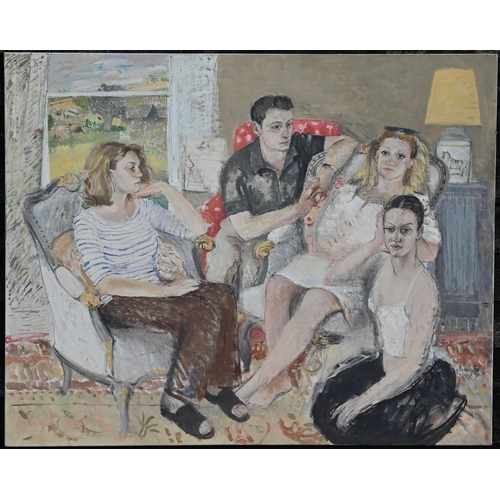 251 - 20th century English school - A large oil on canvas of a family group, unframed, 121 x 152 cm 