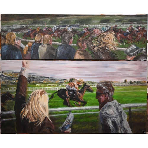 253 - Nick Pike - Two studies of Cheltenham races, oil on canvas, signed, 51 x 99 cm and 31 x 99 cm (2)