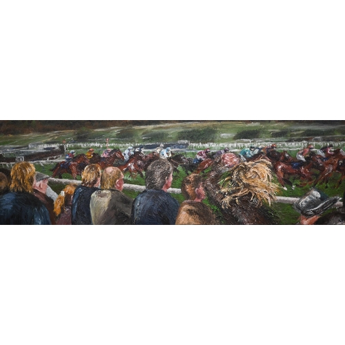 253 - Nick Pike - Two studies of Cheltenham races, oil on canvas, signed, 51 x 99 cm and 31 x 99 cm (2)