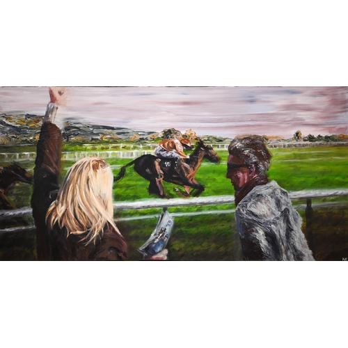 253 - Nick Pike - Two studies of Cheltenham races, oil on canvas, signed, 51 x 99 cm and 31 x 99 cm (2)