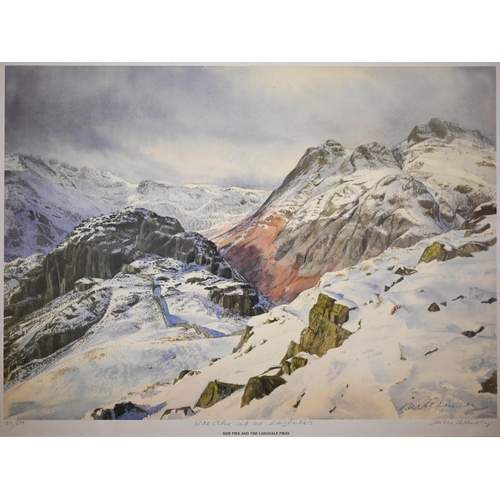 255 - Jo Maw - Abstract watercolour, signed, 48 x 49 cm; Side Pike and the Langdale Pike print; oil on can... 