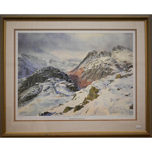 255 - Jo Maw - Abstract watercolour, signed, 48 x 49 cm; Side Pike and the Langdale Pike print; oil on can... 