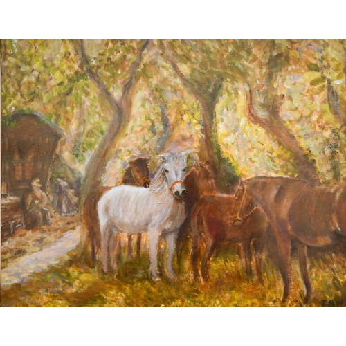 259 - IBM - A group of New Forest ponies and gypsy friends, oil on board, 26.5 x 34 cm