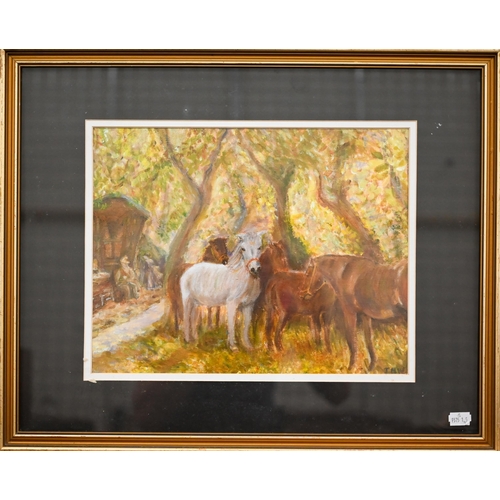 259 - IBM - A group of New Forest ponies and gypsy friends, oil on board, 26.5 x 34 cm