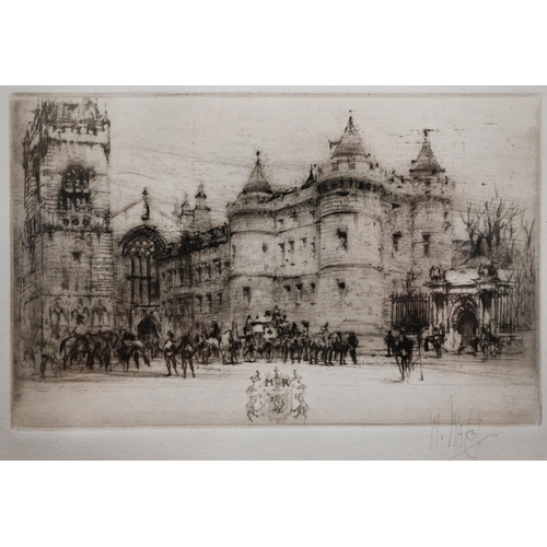 260 - Mixed pictures including etchings, three castle prospects, oil on board landscape, two pencil design... 