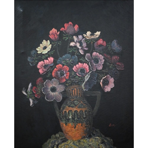 263 - Sam - Still life study with anemones in a vase, oil on canvas, signed, 70 x 57 cm