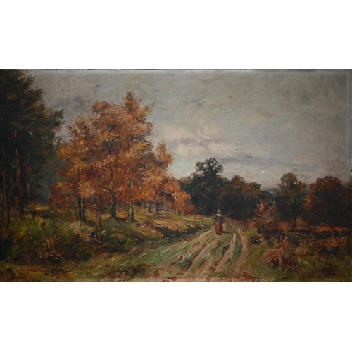 264 - # E A Saunders - Figure on a country lane, oil on canvas, signed, 46 x 76 cm (unframed and a/f)