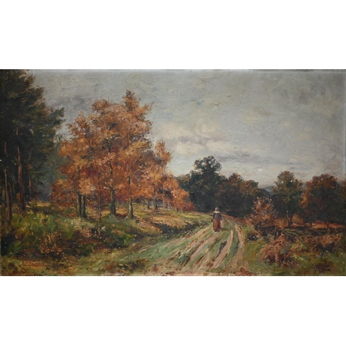 264 - # E A Saunders - Figure on a country lane, oil on canvas, signed, 46 x 76 cm (unframed and a/f)