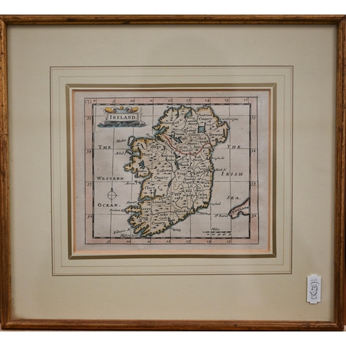 265 - Three antique hand-coloured map engravings - Arms of Honiton, 17 x 12 cm; Ireland, 13 x 16 cm and Th... 