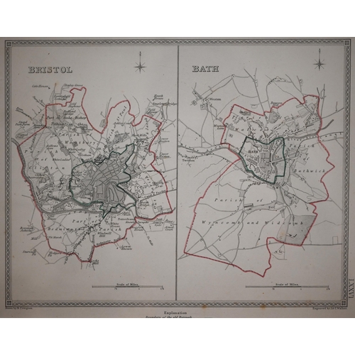 266 - Five steel map engravings, Dorset, 42 x 50 cm; Bristol/Bath; Hampshire or Southampton; Shropshire an... 