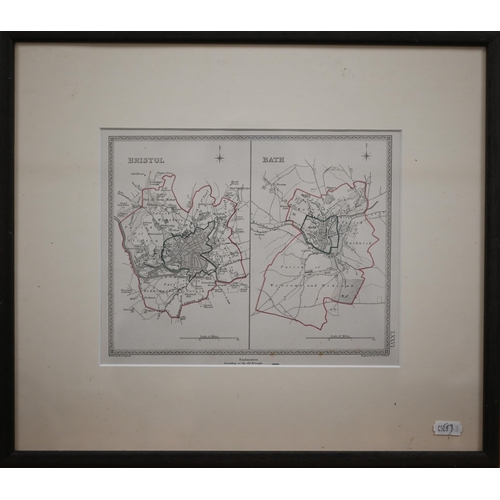 266 - Five steel map engravings, Dorset, 42 x 50 cm; Bristol/Bath; Hampshire or Southampton; Shropshire an... 