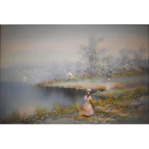 269 - # Swan - Lake view with figures, oil on canvas, signed, 59 x 88 cm