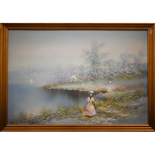 269 - # Swan - Lake view with figures, oil on canvas, signed, 59 x 88 cm