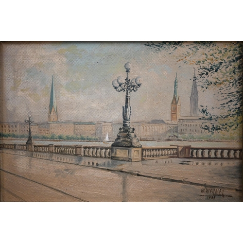 273 - W Werner - Continental embankment view, oil on canvas, signed and dated 1955, 27 x 40 m to/w a print... 