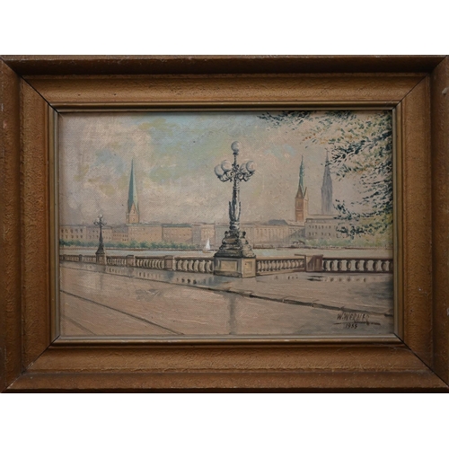 273 - W Werner - Continental embankment view, oil on canvas, signed and dated 1955, 27 x 40 m to/w a print... 