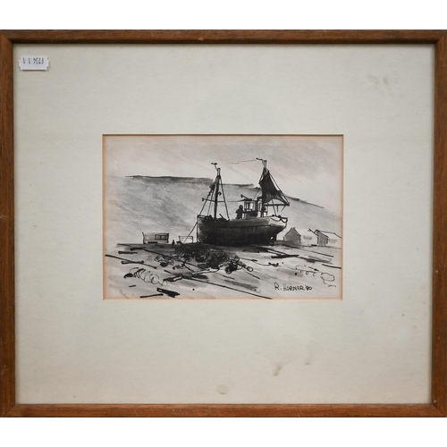 274 - W Bradley-Lowes? - Fishing boat, watercolour, signed, 21.5  29 cm (no glass); R Horner, pen and... 