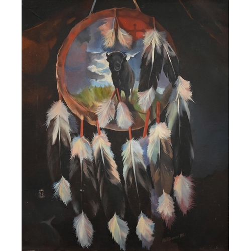 279 - Paul Spencer - Bull in a feathered ring, oil on canvas, signed and dated 1981, 61 x 51 cm, unframed;... 