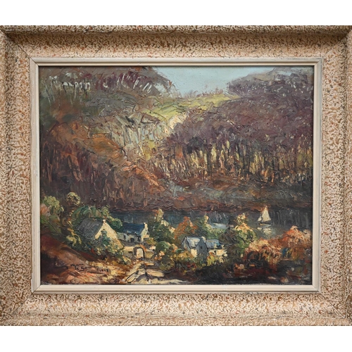 280 - Continental school - Landscape, oil on board, signed indistinctly and dated 1952, 32 x 40 cm to/w a ... 