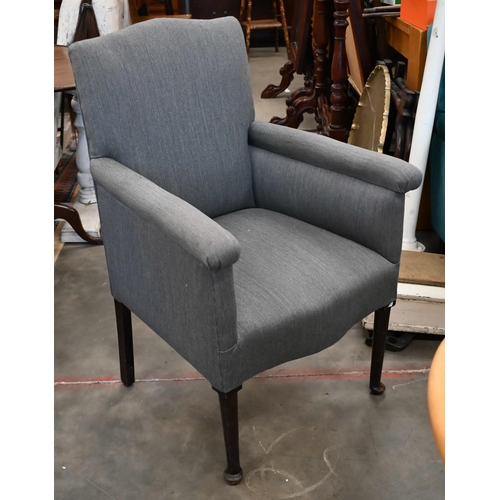 30 - An early 20th century mahogany framed bedroom chair, light grey fabric upholstery, turned front legs... 