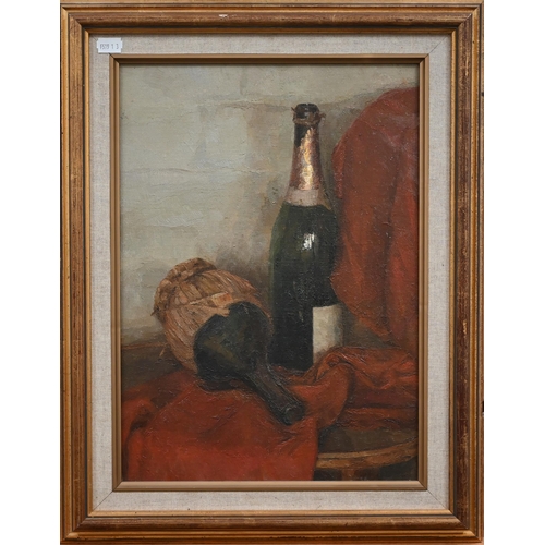 305 - English school - A still life study with champagne bottle and carafe, oil on canvas, 40 x 28 cm