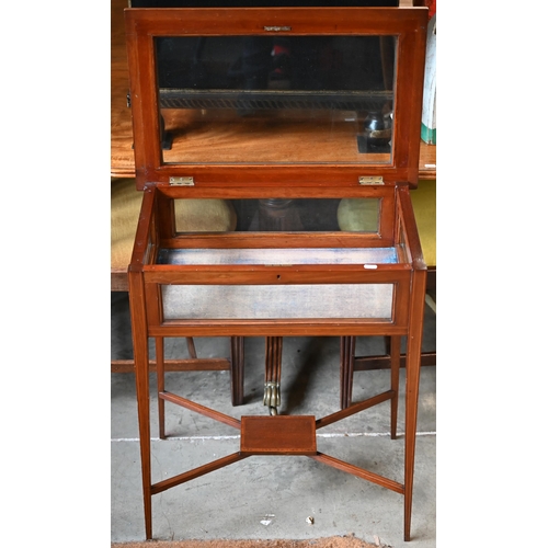 31 - Edwardian walnut crossbanded glazed vitrine display table with hinged top, square tapering supports ... 