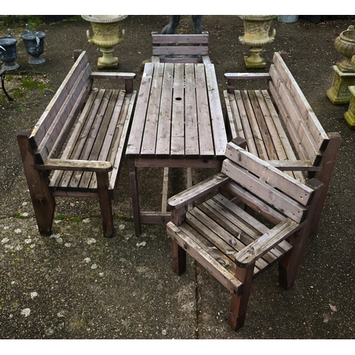 320 - A weathered garden table 167 cm x 68 cm x 89 cm h to/with a pair of conforming benches and pair of a... 