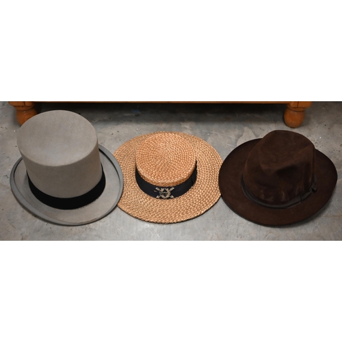 328 - A traditional Harrow School straw boater to/w a brown felt trilby by Bates of Jermyn Street and a gr... 