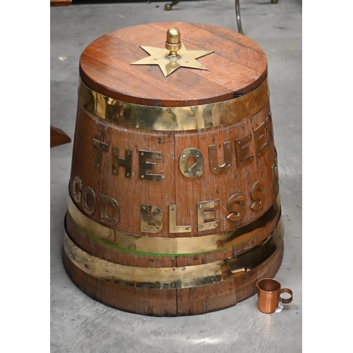 A brass-mounted coopered oak Naval rum-tub, inscribed with letters 'The Queen God Bless Her' 60 cm high to/w a copper tot-measure with broad arrow stamp 1940 (2)