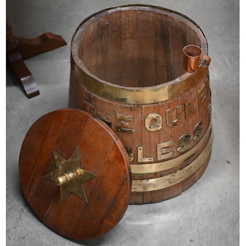 338 - A brass-mounted coopered oak Naval rum-tub, inscribed with letters 'The Queen God Bless Her' 60 cm h... 