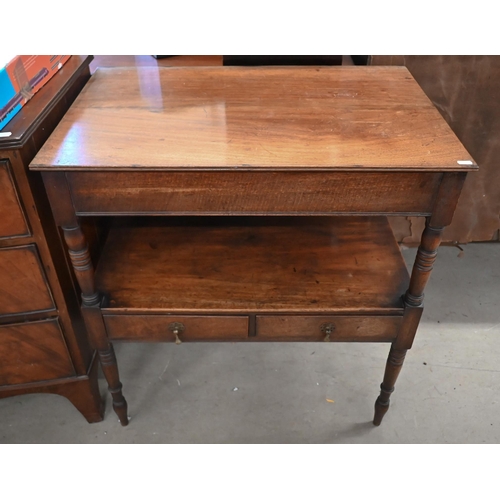 34 - A Victorian mahogany side table with undertier and two drawers raised on turned supports, 75 x 49 x ... 