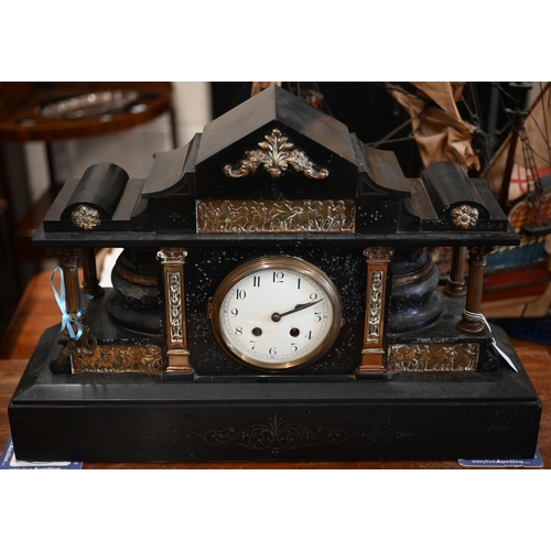 342 - A large brass-mounted slate mantel clock with twin-train French movement 39 x 59 cm