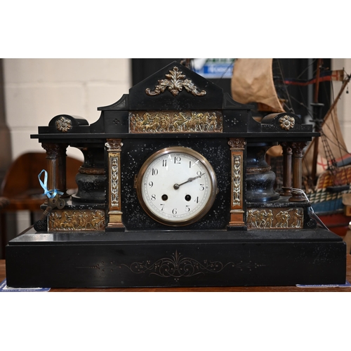 342 - A large brass-mounted slate mantel clock with twin-train French movement 39 x 59 cm