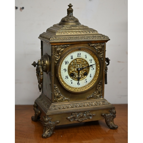 343 - A 19th century French brass mantel clock with Japy Freres drum movement striking on a bell, 35 cm