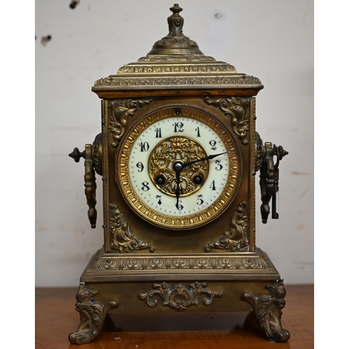 343 - A 19th century French brass mantel clock with Japy Freres drum movement striking on a bell, 35 cm