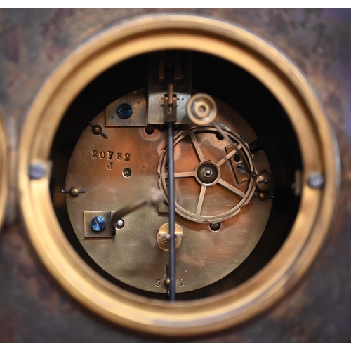 343 - A 19th century French brass mantel clock with Japy Freres drum movement striking on a bell, 35 cm