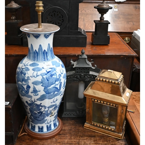 346 - A Chinese blue and white baluster vase mounted as a table lamp 58 cm high overall, to/w metal wall l... 