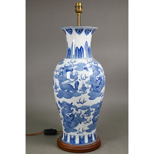 346 - A Chinese blue and white baluster vase mounted as a table lamp 58 cm high overall, to/w metal wall l... 