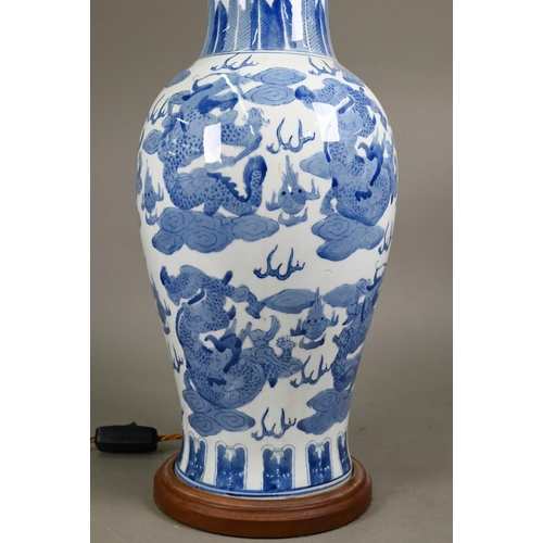 346 - A Chinese blue and white baluster vase mounted as a table lamp 58 cm high overall, to/w metal wall l... 