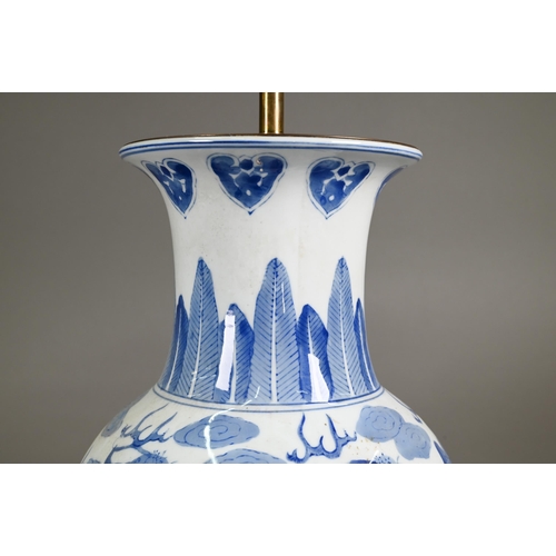 346 - A Chinese blue and white baluster vase mounted as a table lamp 58 cm high overall, to/w metal wall l... 