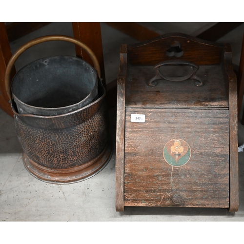 347 - A wooden coal box, a beaten brass coal scuttle and a zinc bucket (3)