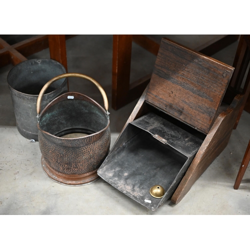 347 - A wooden coal box, a beaten brass coal scuttle and a zinc bucket (3)